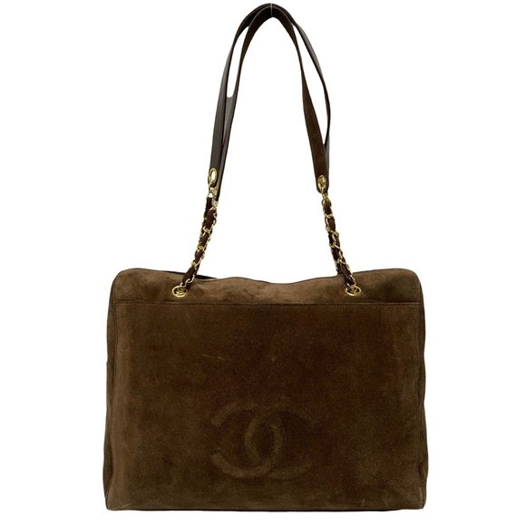 CHANEL Coco Mark Suede Leather Chain Tote Bag/Semi Shoulder Bag Brown g10-9 - Picture 1 of 8